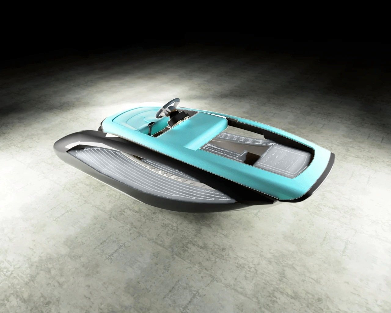 REALMS SUT Drift 340 in Obsidian Black with grey deck and turquoise upholstery